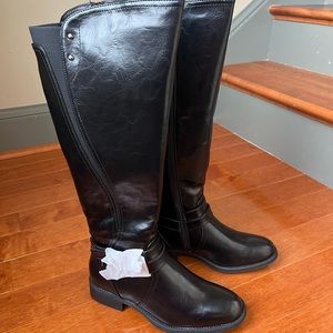 NWT WANTED Womens Black Double Buckle Strap Stretch Bergen Riding Boot